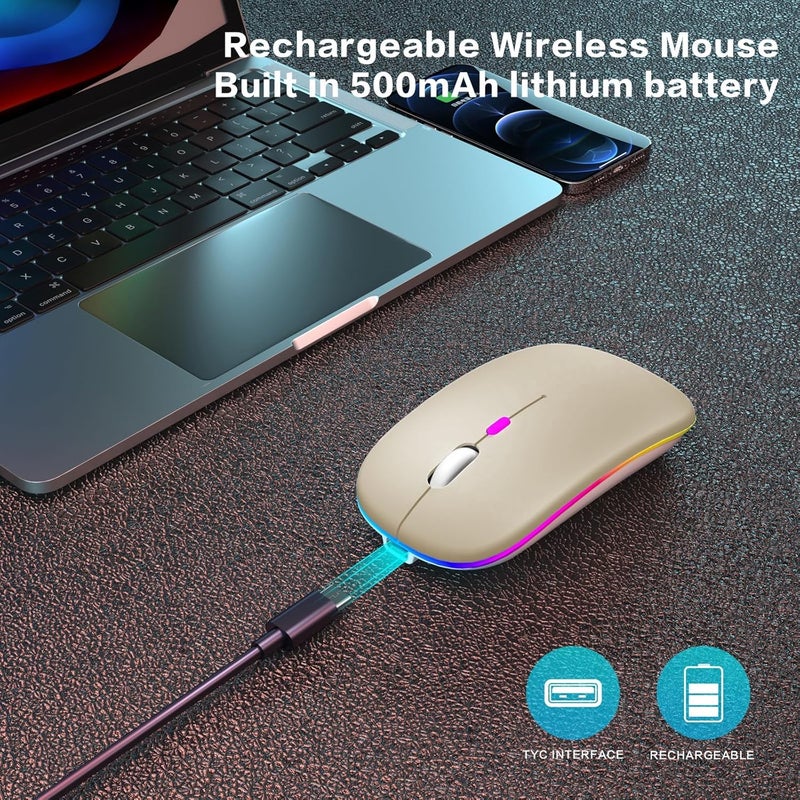 AOLIKOKO Wireless Bluetooth Mouse - Rechargeable Laptop Mice - with LED Lights,Dual Mode(Bluetooth 5.2 & Portable USB 2.4G) Connection,Silent - Computer Mouse for Laptop,iPad,Tablet,MacBook,& PC(Gold) - Image 3